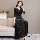 Blue Velvet Dress Pleuche Long Sleeve Swing Skirt