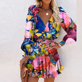 Coachella Music Festival Outfits Autumn Color Print Street Fashion V-neck Dress