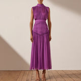 Mauve Dress Women's Autumn Chiffon Small Stand Collar Solid Color Stitching Dress