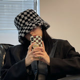 Vintage Check Bucket Hat Chessboard Plush