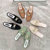 Finn Chain Pointed Toe Mule Rhinestone Bow Ferrule Half Slippers Faux Leather Women's Shoes