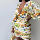 MIDI Mauve Cocktail Dress Autumn Puff Sleeve V-neck Elegant Slim Print Dress