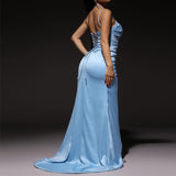 Kendall Jenner Wedding Guest Dress Solid Color Sexy Sleeveless Split Sleeveless Evening Dress