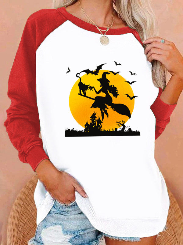 Halloween Costumes Pattern Printing Capless round Neck Contrast Color Sweatshirt Female