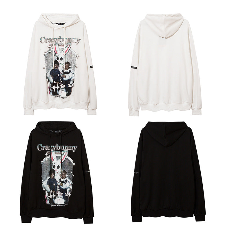 Man Fall Outfits Hip Hop Print Loose Shoulder Hooded Sweater for Men and Women