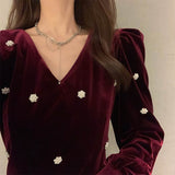 Long Sleeve Burgundy Dress Formal Red Temperament Midi Dress Pleuche Dress