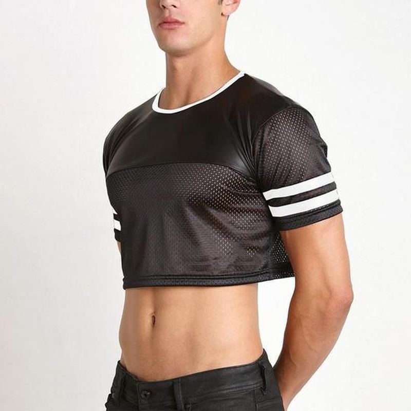 Rave Outfits Mens T Shirt Personality Stitching Mesh Short Exposed Navel