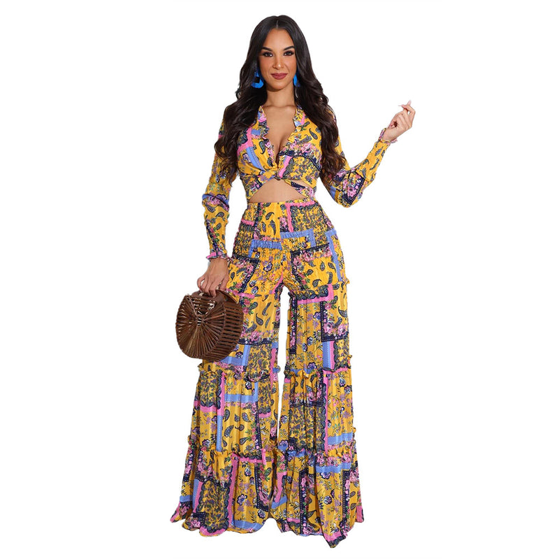 Gypsy Style Dresses Chiffon Printed Long Sleeve Wide Leg