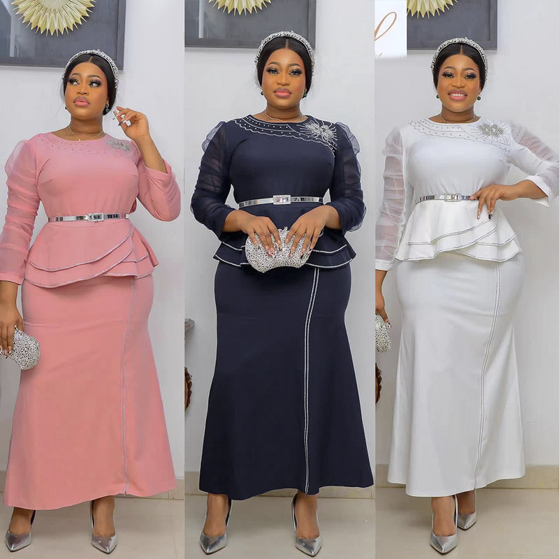 African Dashiki Dress plus Size Women's round Neck Lace Hollow Dress