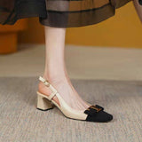 Nude Low Block Heel Square Toe Cap Thick Heel Color Matching