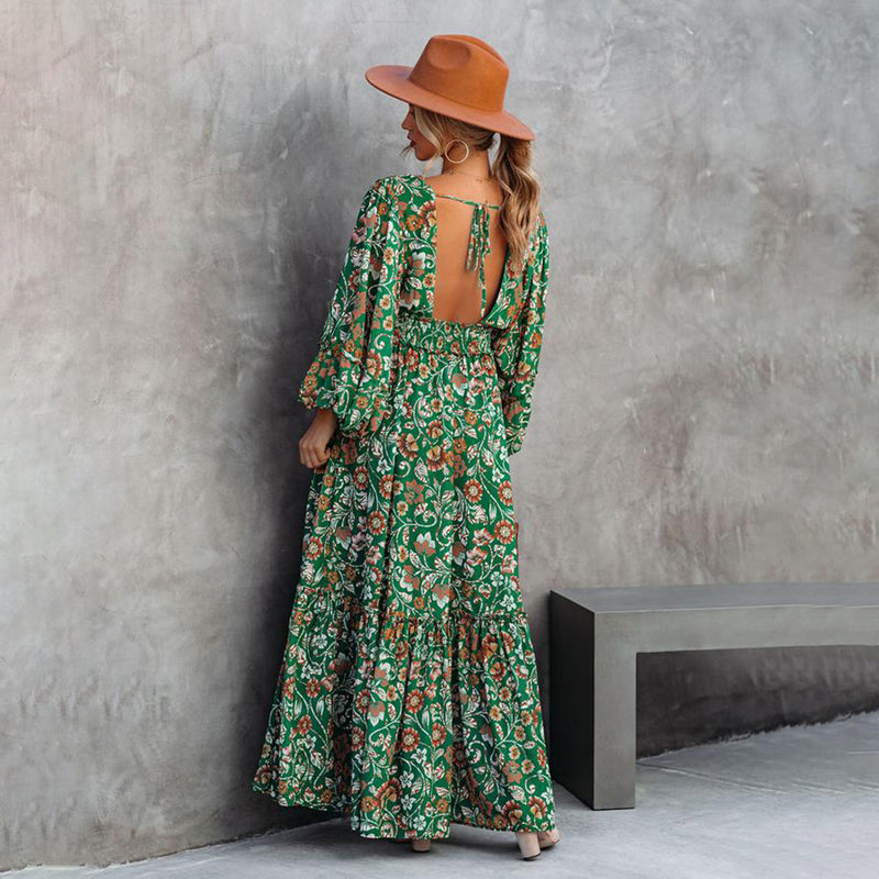 Kendall Jenner Wedding Guest Dress Fashion Printing Lantern Long Sleeve V-neck Backless Stitching