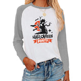 Halloween Costumes Pattern Printed Raglan Color Contrast Long Sleeve T-shirt Women