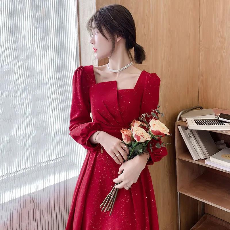 Long Sleeve Burgundy Dress Formal Long Sleeve Slim Little Red Dress Dress