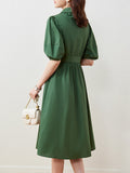 Emerald Green Dress Puff Sleeve Shirt Waist Slimming Temperament