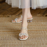 Nude Low Block Heel Bow with Pearl Chunky Heel