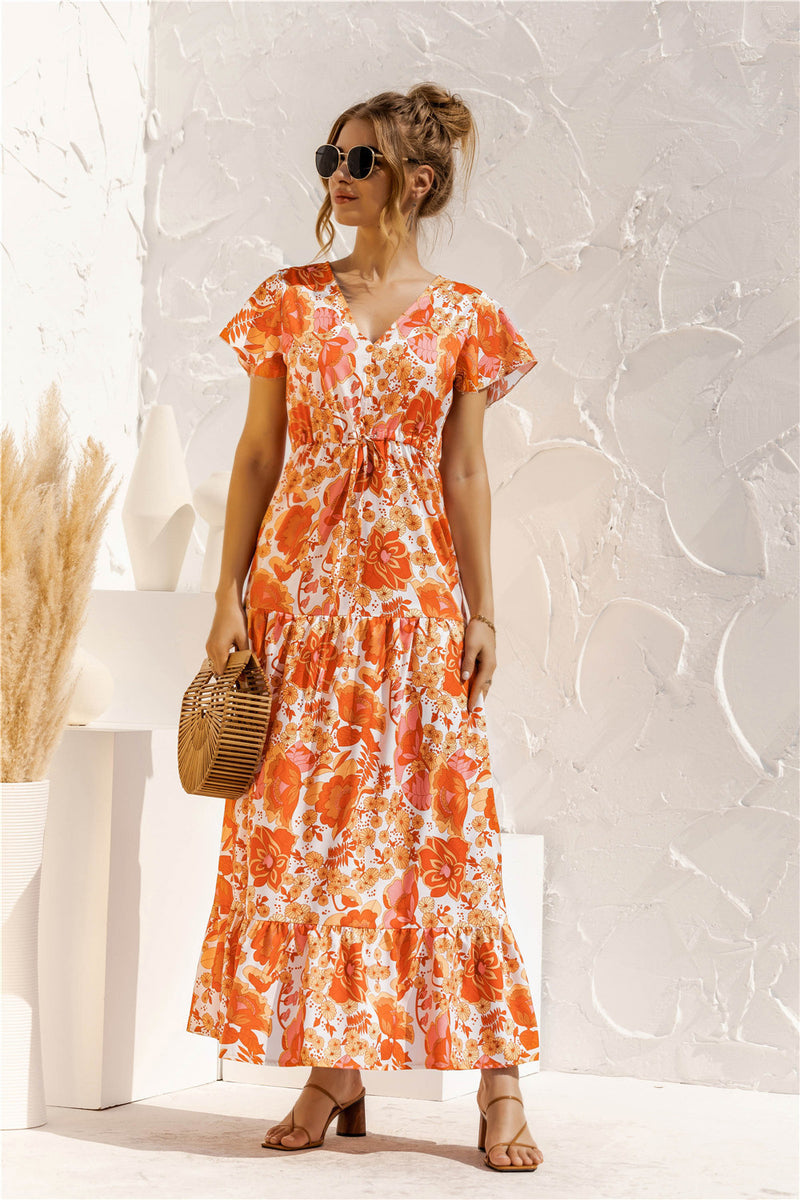 Nine Britton Dress V-neck Flower Print Lace-up Button