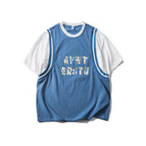 Men T Shitrs Letter Printing Round Neck False Two Pieces Ball Uniform