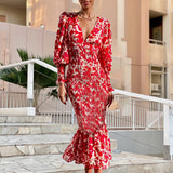 Kendall Jenner Wedding Guest Dress Fashionable V-neck Printed Lantern Sleeve Temperament