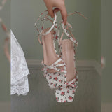 Nude Low Block Heel Cross Strap Sandals Floral Mid Heel