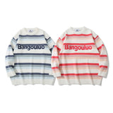 Men Sweater Idle Style Letter Embroidery Mixed Color Stripe Sweater Men's Pullover Sweater