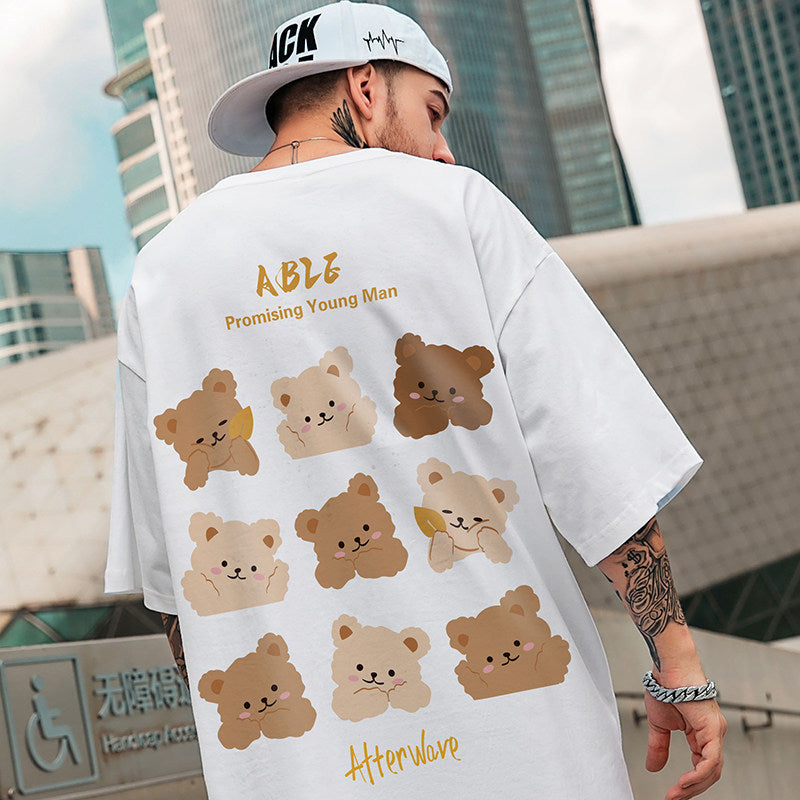 Men T-Shirts Bear Print Loose Half Sleeve
