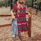 Romany Gypsy Outfits Printed Short Sleeve V-neck Summer Spring Loose Bohemian Style Pleated Dress