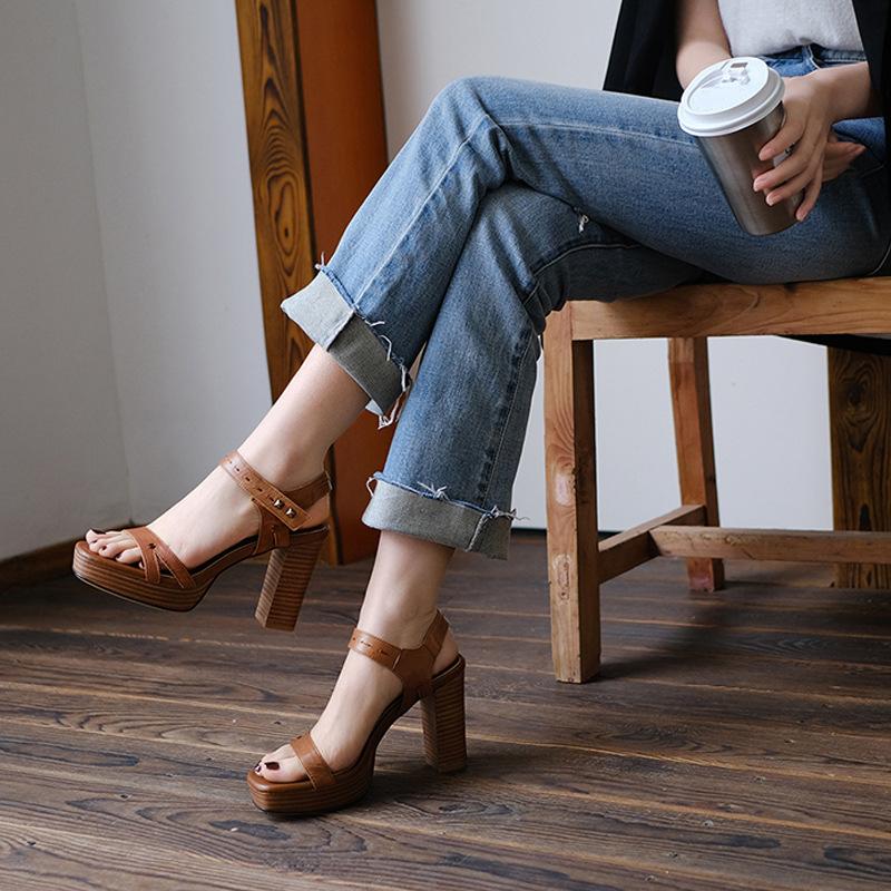 Platform Heels for Women Summer Chunky Heel Retro Brown Word Buckle High Heels
