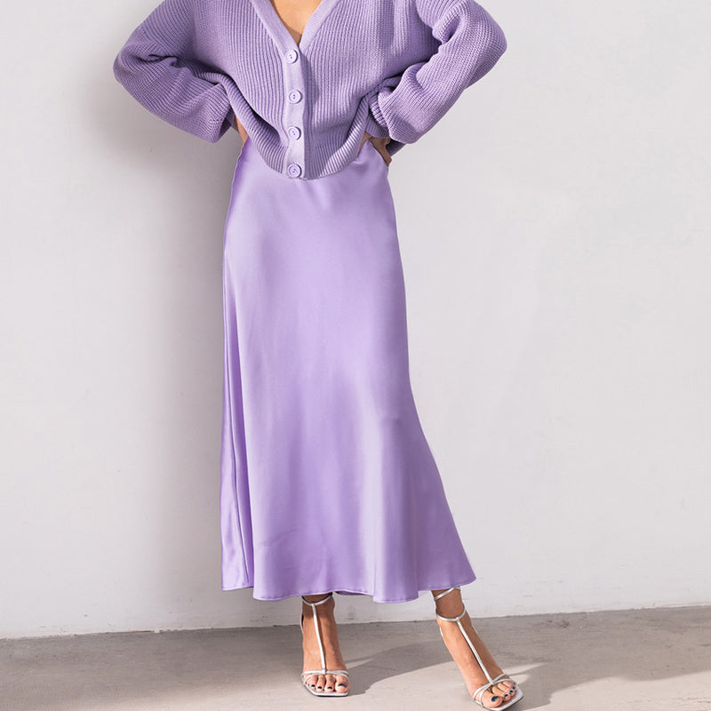 MIDI Mauve Skirt Autumn Mid-Length Skirt Summer Fishtail Skirt Ice Silk Purple