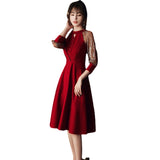 Long Sleeve Burgundy Dress Formal Performance Mesh Long Sleeve Midi Dress