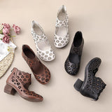Highway Flat Sandals Summer Hollow Mid Heel Fashion Retro Mom Leather Shoes