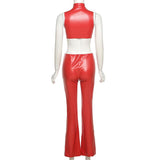 Autumn Sexy Sleeveless Zipper Hollow High Waist Tight Poly Urethane Leather Jumpsuit