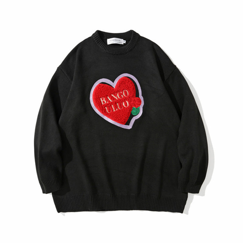 Men Sweater Towel Embroidery Love Sweater Men Street Tide Brand Loose Round Neck Sweater