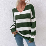 Women Pullover Knit Sweater Autumn and Winter Striped Stitching Sweater for Women