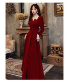 Long Sleeve Burgundy Dress Formal Burgundy Autumn Long Sleeve Square-Neck A- line Skirt