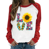 Valentine's Day T Shirt Autumn Love Sunflower Printed round Neck Long Sleeve