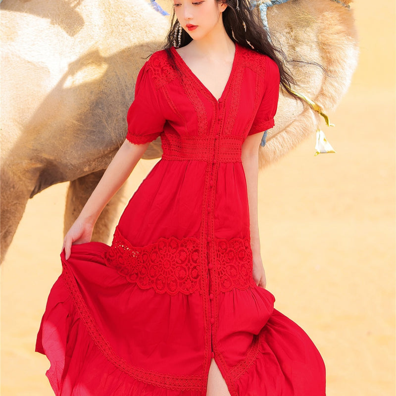 Coachella Music Festival Outfits Red Slimming Sun Protection Seaside Vacation Travel Desert Travel Dress