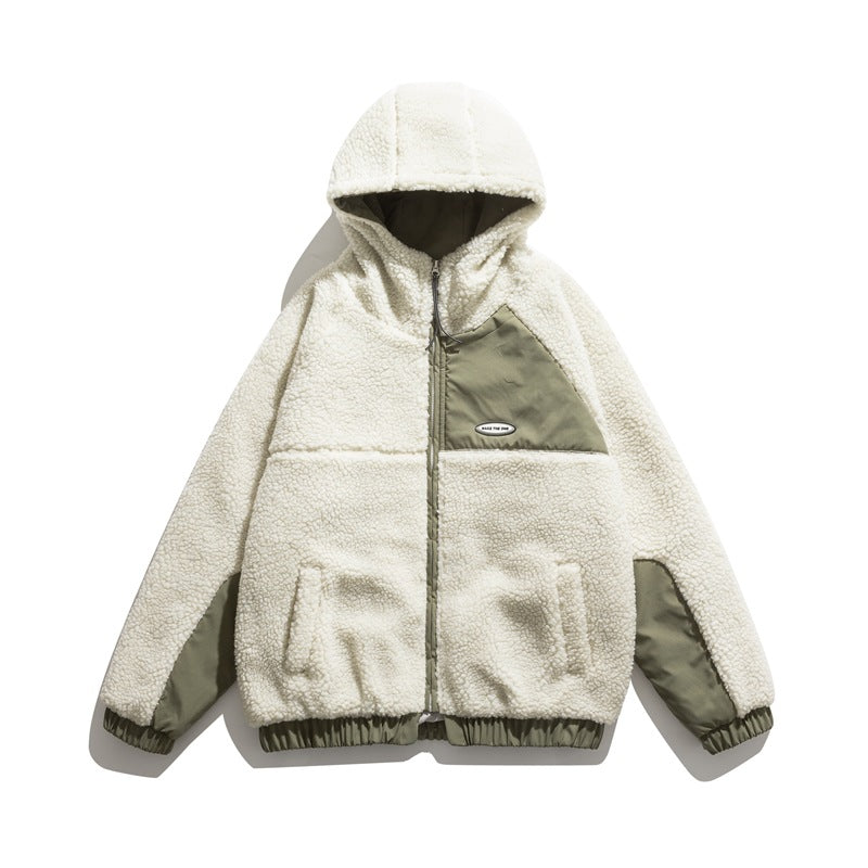Man Fall Outfis Autumn Color Matching Lamb Wool Hooded Jacket Men's Casual Top