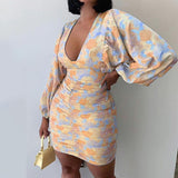 MIDI Mauve Cocktail Dress Autumn Puff Sleeve V-neck Elegant Slim Print Dress