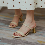 Nude Low Block Heel Thin Belt Square Head