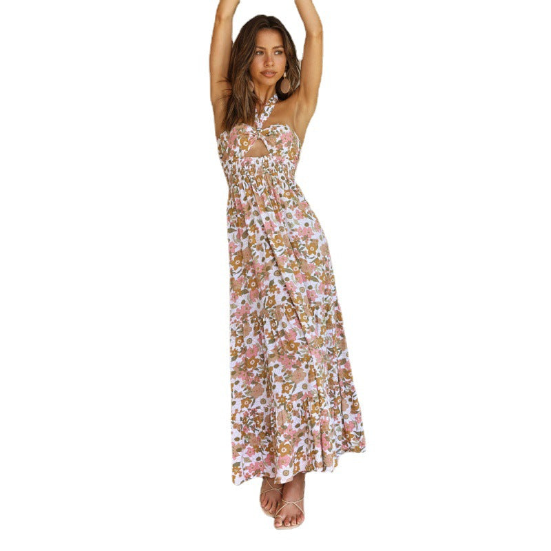 Gypsy Girl Outfits Backless Lace Up Halter Large Swing Skirt Printed Hollow Out