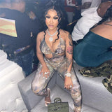 Summer Women's Sexy Low-Cut Sleeveless Printed High Waist Hip Lift Tight Jumpsuit Women