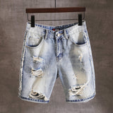 Men Denim Shorts Summer Men's Jeans Shorts Retro Tattered Jeans Cut-off Patch