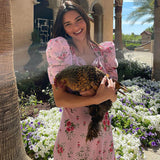 Kendall Jenner Wedding Guest Dress Puff Sleeve Lady Floral Formal Dress Hepburn Style
