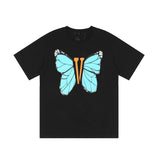 Vlone T Shirt Blue Butterfly Print Large V Short Sleeve T-Shirt Men And Women Loose Hip Hop Half Sleeve