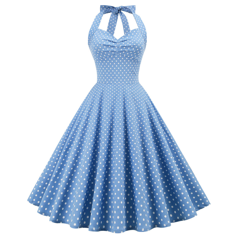 Regency Dress Polka Dot Halter Backless Lace-up Large Swing Dress
