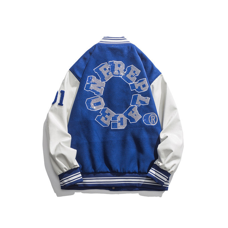 Man Fall Outfis Color Contrast Patchwork Embroidered Baseball Uniform Loose Couple Jacket Coat
