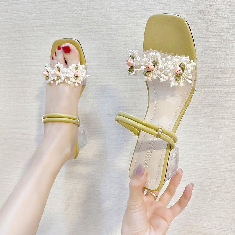 High Heels Slippers Summer Fashion Flower Chunky Heel Ankle-Strap Sandals