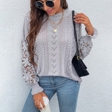 Women Pullover Knit Sweater Autumn and Winter Lace Splicing Knitwear Hollow out Sweater Women