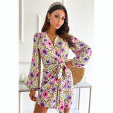 MIDI Mauve Wrap Dress Long Sleeve High Waist V-neck Printed Elegant Dress Women's Short Skirt