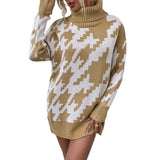Women Pullover Knit Sweater Women's Autumn and Winter Contrast Color Lapel Mid-Length Sweater